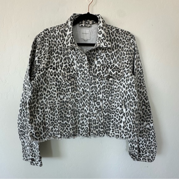 Nordstrom Thread & Supply NWT Golden Jaguar Leopard Print Cropped Denim Jacket - Picture 2 of 11